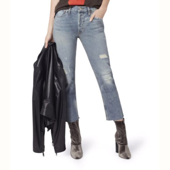 Re/Done High Rise Ankle Crop Jeans 25 Ghost Wash Distressed New